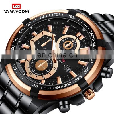 VA VA VOOM 2321 Men Quartz Watch Sports Fashion Rose Gold Case Black Stainless Steel chain watch for men