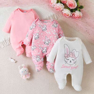 3pcs Newborn Baby\'s Solid Color/Cartoon Rabbit Print Long Sleeve Footie, Toddler & Infant Girl\'s Comfy Footed Romper For Spring Fall