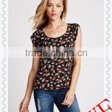 2014 HOT SALE EUROPEAN FASHION PRINT COLORFUL FLOWERS SHORT SLEEVE LADY TOPS/ WOMEN BLACK TOPS