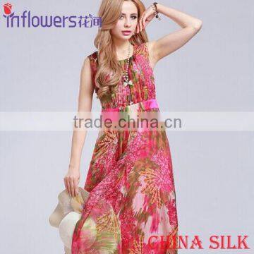 Beautiful Red Summer Floral Print Long Dress 100 Silk beach dress wholesale