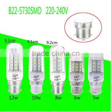 B22 Base 5W 6W 8W 10W 12W 5730 SMD LED Corn Light Lamp Bulb Energy Saving 360 Degree White/Warm White AC220-240V Over 50000hs