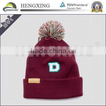 Custom Embroidery Red High Quality 100 Cotton Beanie Hat With Top Pom