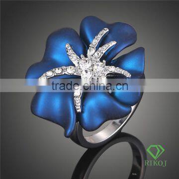 18k white gold plating crystal flower blue rings