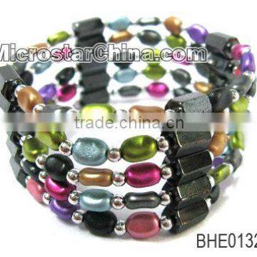 Cheap multicolor plastic beads with hematite beads elastic bangle