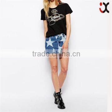 2015 all over star print A-line cut denim young girls mini skirt JXH467