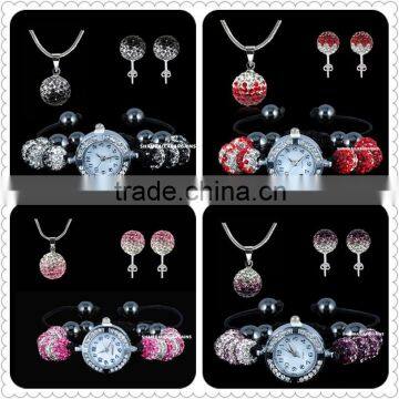 Gradient/pure color rhinestone Shamballa clay beads Shamballa Watch Set Braclet Watch/Necklace Pendant/Stud Earrings SetsBS068