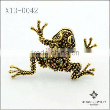 Antique Gold Metal Frog Brooch with Multi Color Crystal Beads