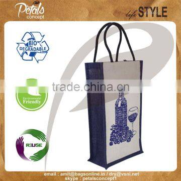 Two bottle bag for water bottle - soft cotton ropw handle - made from pp laminated jute