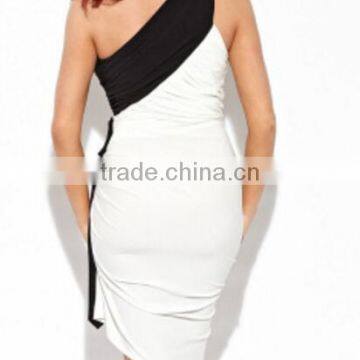 Color Mosaic Shoulder Collar Asymmetric Pleated Sleeveless Slim Package Hip Dress Sub photo-2