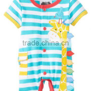 Red and Write Stripe Applique Bear Organic Cotton Summer Wear Short Sleeve Wholesale Pattern Custom Made Kids Jumpsuit photo-3