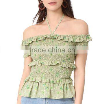 2017 OEM Femme Halter Ties Dainty Floral Elastic Ruffles Frill Blouse photo-6