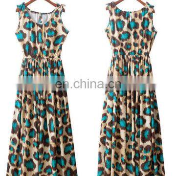 Blue Leopard Sleeveless u Neck Long Dress Cotton Skirt
