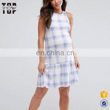 Factory checked cotton maternity long dress