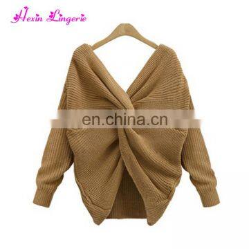 Eaby Hot Sale khaki V-neck backless knitting cheap women cashmere ugly sweater