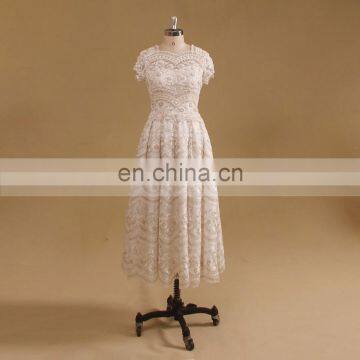 Short sleeve crystal beads for short wedding dress 2007 lace Wedding Gown