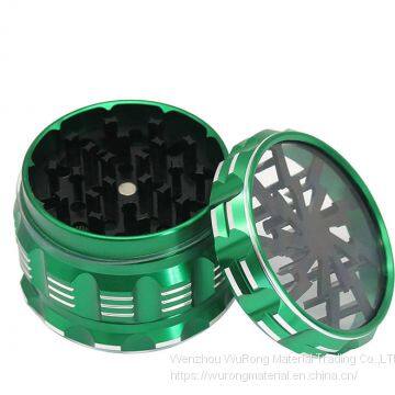 D63mm& H48 mm Aluminium Alloy Flash Logo Cigar Grinder 4-layer Plat Sounder Smoke Grinder as Colorful Cigar Crushing Metal Accessory With White Edge for Tobacco,smoke,cigarette photo-2