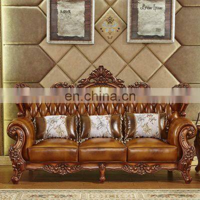 American Style Antique Solid Wood Genuine Leather Sofa Set Living Room Furniture photo-2