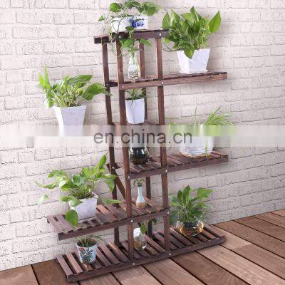 Carbonized Wood Plant Stand Holder 6 Tier High Low Shelf Space Saving Flower Display Rack For Indoor Outdoor Garden Patio Balcon photo-4