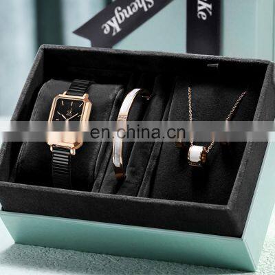 SHENGKE SK K0177L-set Luxury Design ladies watch gift set Square Case Alloy Strap Ladies Watch Set Relogio Feminino