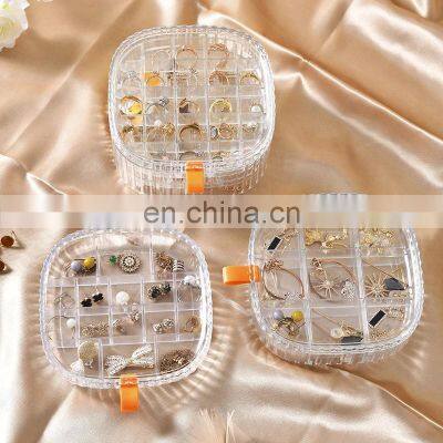 Plastic Jewelry Box Transparent Portable 3 Layer Compartment Square Ring Earring Storage Case Organizer