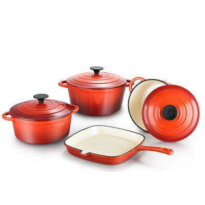 OEM 4pcs Red Enamel Cast Iron Cookware Set Non-Stick Pot Set Factory Direct