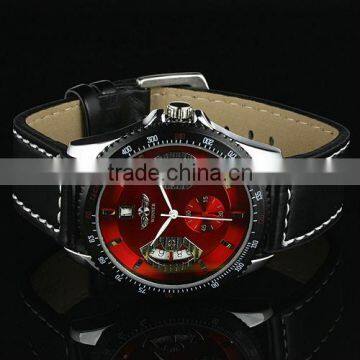 New Mens Red Dial Leather Strap Classic Design Self-Wind Up Mechanical Automatic Watch WM122