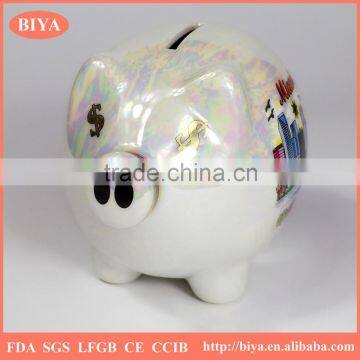 promotion ceramic pig coin bank custom design money saving box container coated colorful pearl glazed for souvenir