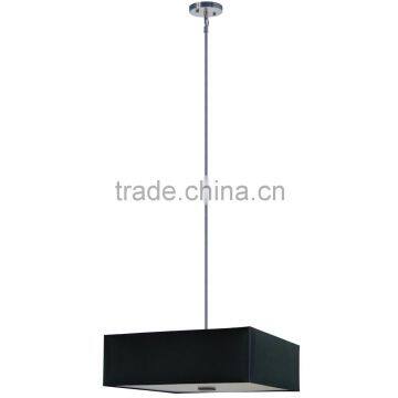 3 light chandelier(Lustre/La arana) in satin steel finish with a large square silk look 22" black stealth fabric shade