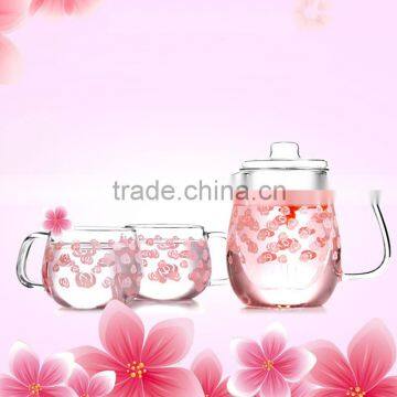 Hot Selling Borosilicate Glass Teapot With Glass Infuser Pink Flower Design Teaset 650ml 2pcs 350ml Tea Cups photo-6
