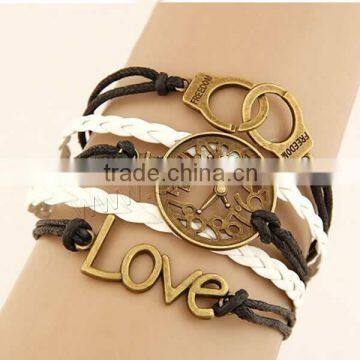 Combined Bracelet, Zinc Alloy, handcuff & clock & love, with PU & Wax Cord, antique gold color pla