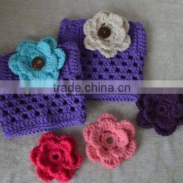 girls women knit crochet leg warmers with beautiful crochet flower