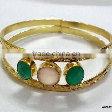 Green Onyx & Pink Chalcedony Facet Brass Gold Plated Bangles, Brass Gemstone Bangle, Fashionable Gemstone Bangle