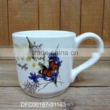 Handmade Ceramic Mug with Flowers and Butterfly Decal for Tea Coffee