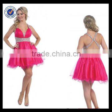 New Design Wholesale Custom Made Mini Sexy V-neck Sequined Fuchsia Tulle Women Cocktail Dress C0039