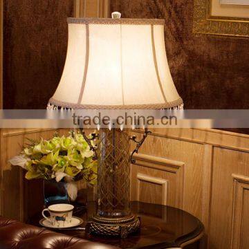 Dark brown cylindrical glass lamp body metal bottom table lamp with fabric lampshade