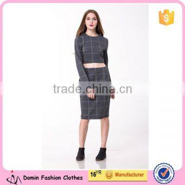 2017 New Arrival Grey Plaid Crop and High Waist Skirt Co-ord Set