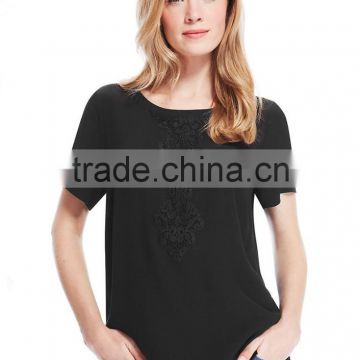 Female round collar short sleeve embroidery black tshirt