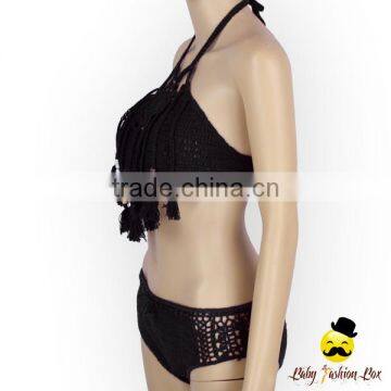 Bohemia Style Black Plain Knitting Halter Decorative Tassel Kids Holiday Swimwear Yong Girl Indian Remake Photo Bikini Bra photo-4