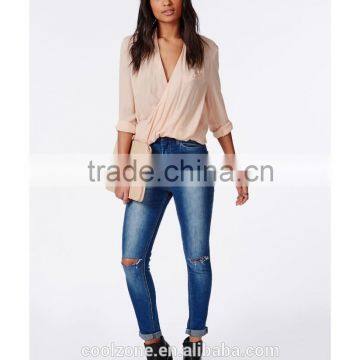 100% Polyester Wrap Over Nude Women Blouse for Middle Aged Women photo-5