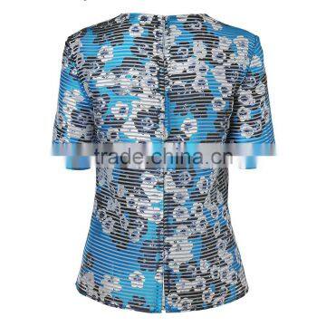 Women New Fashion Round Neck Jacquard T Shirt Digital Floral Printed With Stripes Tops for Ladies photo-2