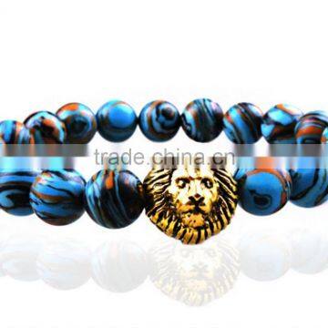 8mm Blue Energy Stone Beads Gold Lion head Buddha Bracelets