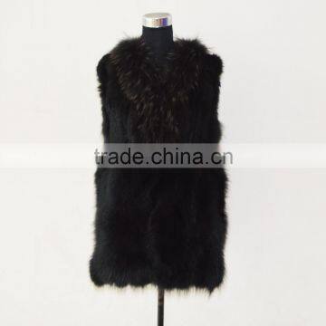 SJ367-02 Classic Black Color Fox Raccoon Rabbit Women Fur Vest