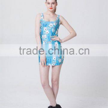 Dress 2015 New Cool Summer ,women Sexy Sleeveless Dress Cartoon Digital Printing Dress for Women,latest Dress Designs