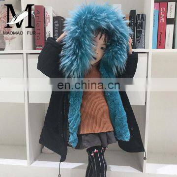 2016 Popular Lovely Beautiful Kids Fur Parka with Genuine Raccoon Fur Hood and Rex Rabbit Fur Lining Coat for Child