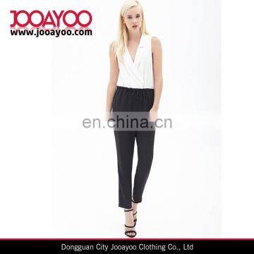 ladies deep v-neck wrinkled black and white jumpsuit