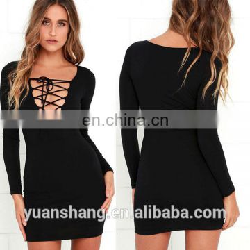 2017 sexy long sleeve black lace up dress for women