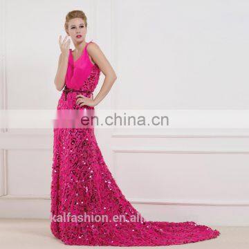 C5018 Sequin pleat top V-neck PU belt long triane evening dress