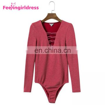 Latest Design Big Stock Dark Red Knitting Bodysuit Long Sleeves Women Sexy Jumpsuits Rompers