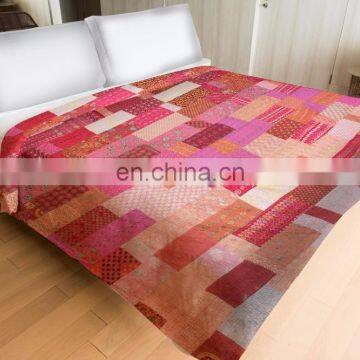 Indian 2017 Vintage Silk Sari patchwork Handmade Kantha Quilt Bedspread- Queen