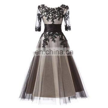 Eleagnt Black Appliqued Tea Length Prom Dresses 2016 Scoop Half Sleeves Tulle Evening Dresses Formal Occasion Gowns